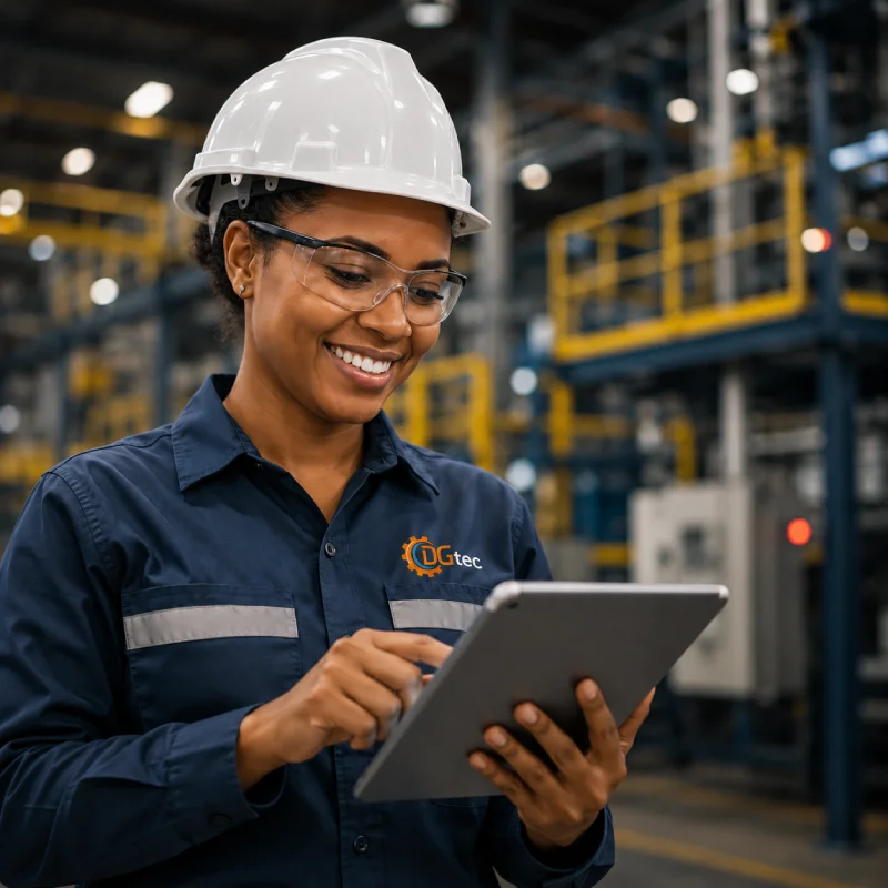 Profissional da DGtec registrando dados em tablet na planta industrial