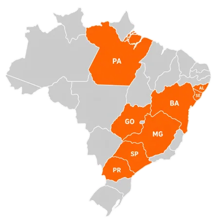 Mapa do Brasil com os estados atendidos pela DGtec em destaque: Pará, Bahia, Alagoas, Sergipe, Goiás, Minas Gerais, São Paulo e Paraná